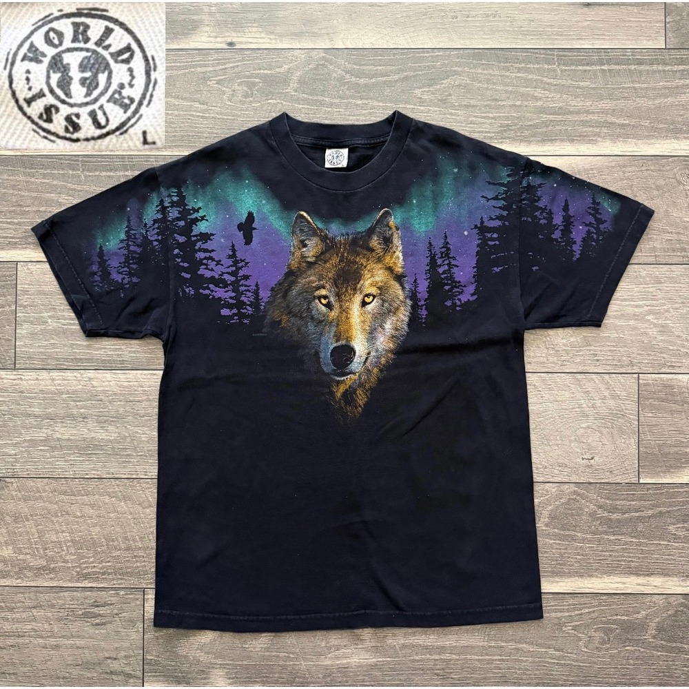Vintage 1999 World Issue Wolf Aurora Borealis AOP T-Shirt Made in USA Mens Large